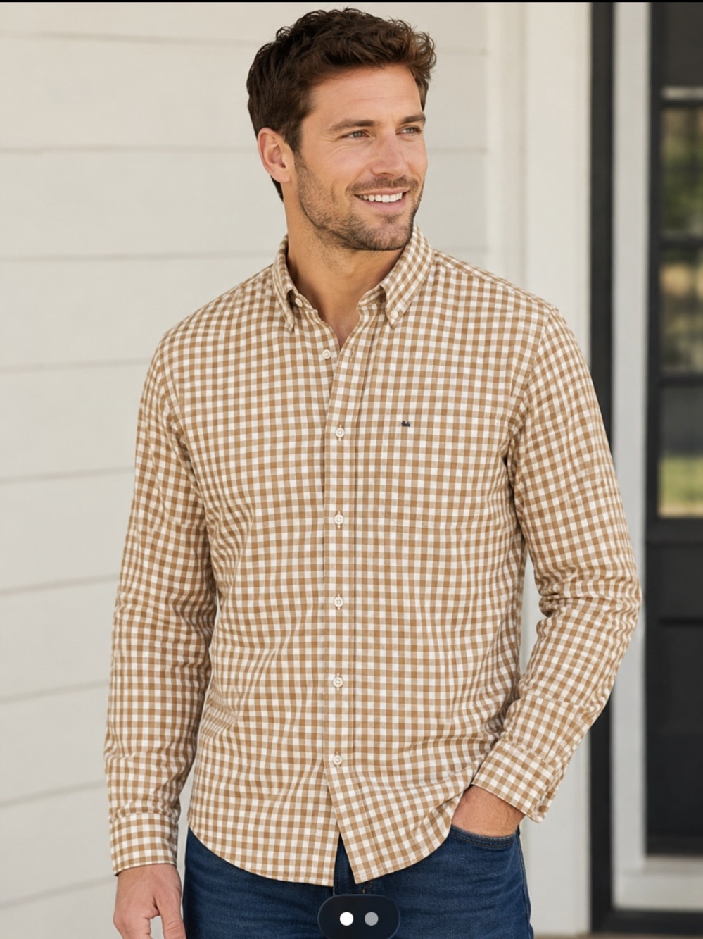 crown & ivy Tan and White Gingham Button-Down Shirt